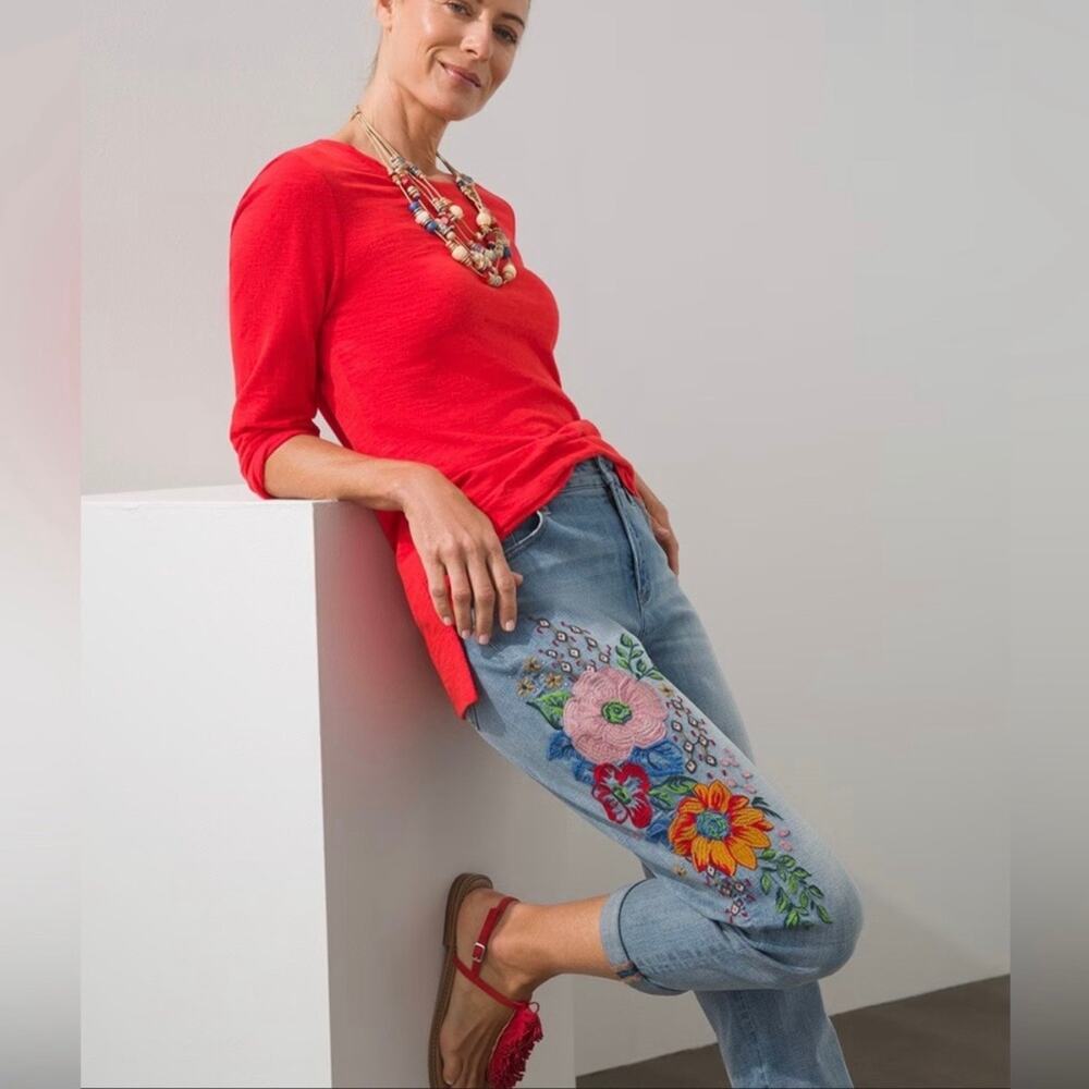 Chico's So Slimming Girlfriend Floral Embroidered Jeans Slim Leg Crop Size 12